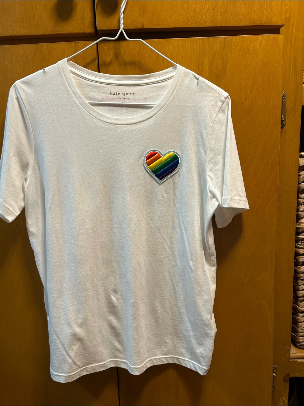 kate spade white tee with rainbow heart patch applique